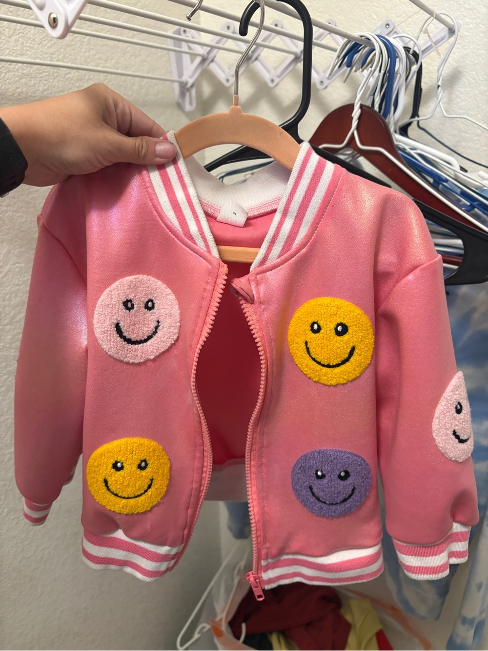 SHEIN Pink Kids Smiley Patch Bomber Jacket